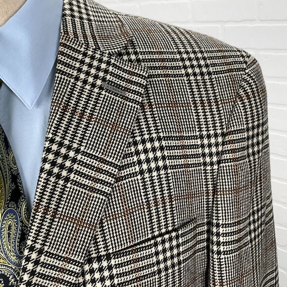 Hickey Blazer Men‎ 42R Black Brown Big Houndstooth Plaid Wool Suit Jacket VTG - Picture 2 of 14